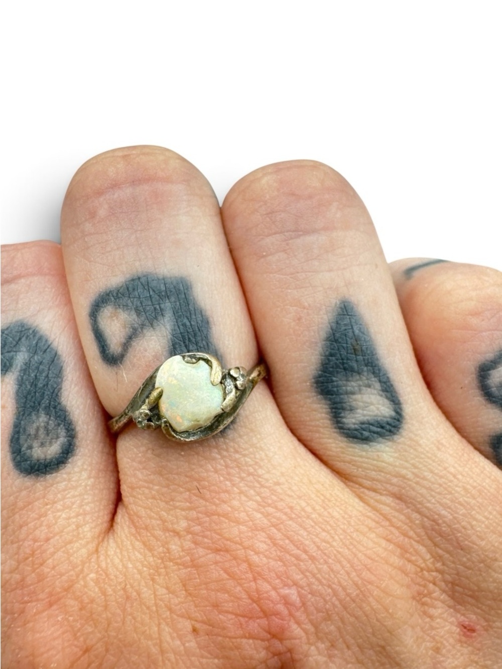 Vintage Sterling Silver Natural Opal Ring Size 8 Floral Setting Worn Shank As Is
